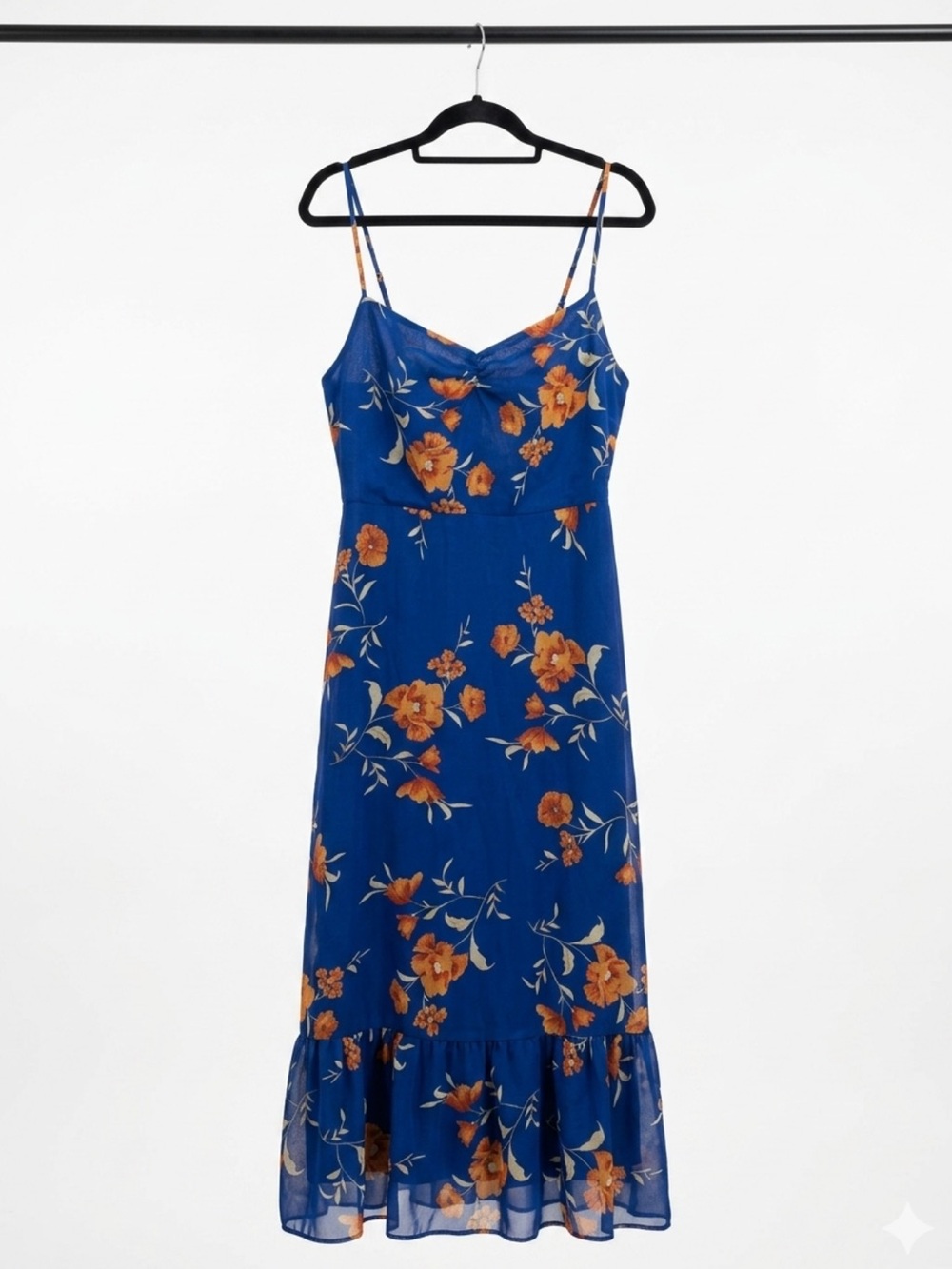 Blue Floral Slip Dress with Ruffle Hem